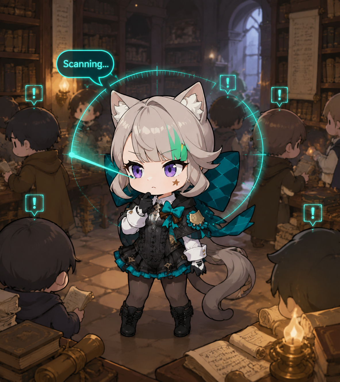 Scanning a crowd for potential threats In a quiet library filled with ancient scrolls (chibi style, cute and rounded proportions)
