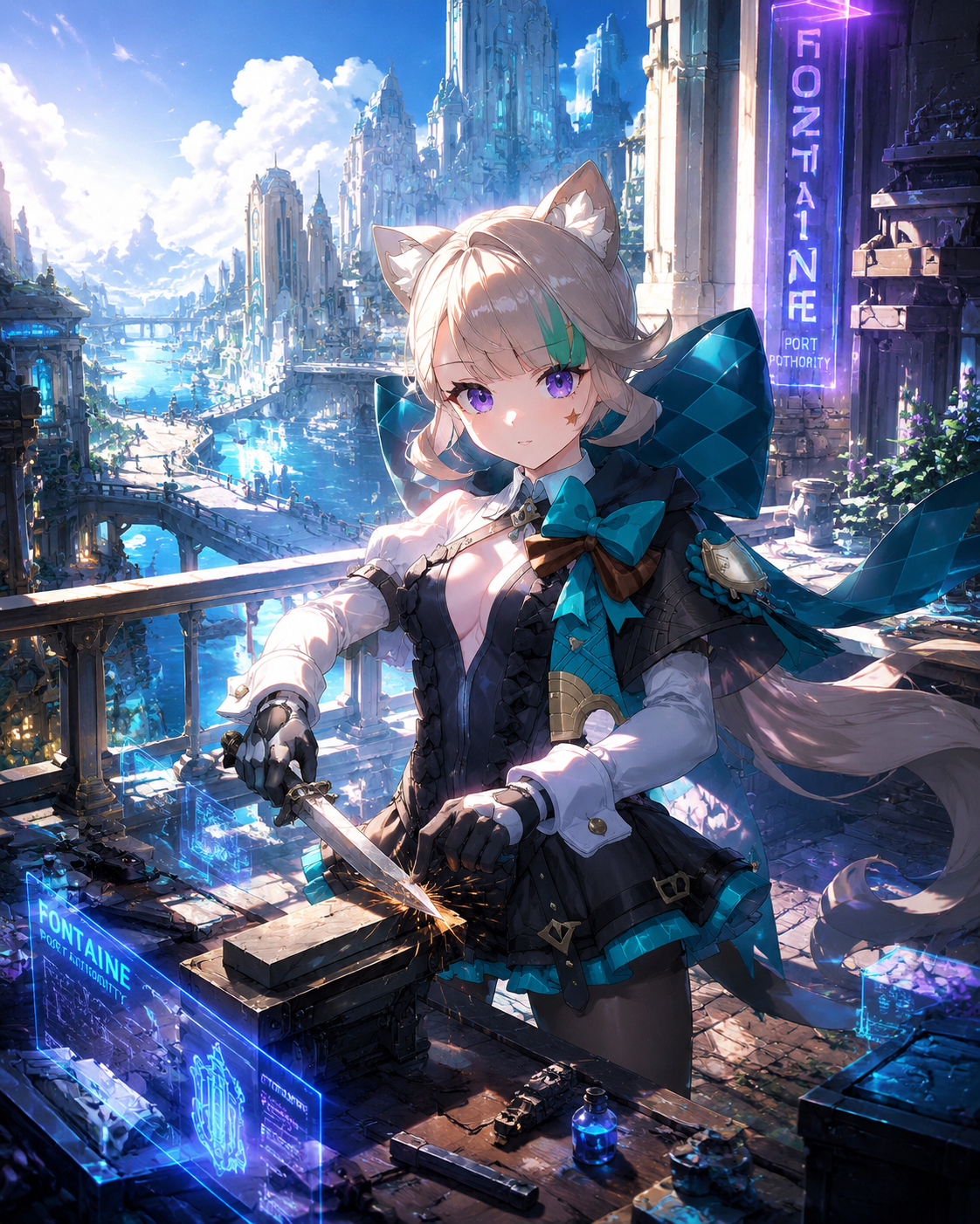 Sharpening a concealed blade On a sun-drenched balcony overlooking the Fontaine harbor (futuristic cyberpunk aesthetic, neon glow)