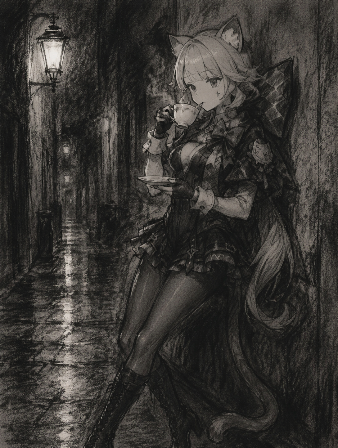 Sipping a cup of hot tea In a narrow, rain-slicked alleyway at midnight (minimalist charcoal sketch, rough textures)