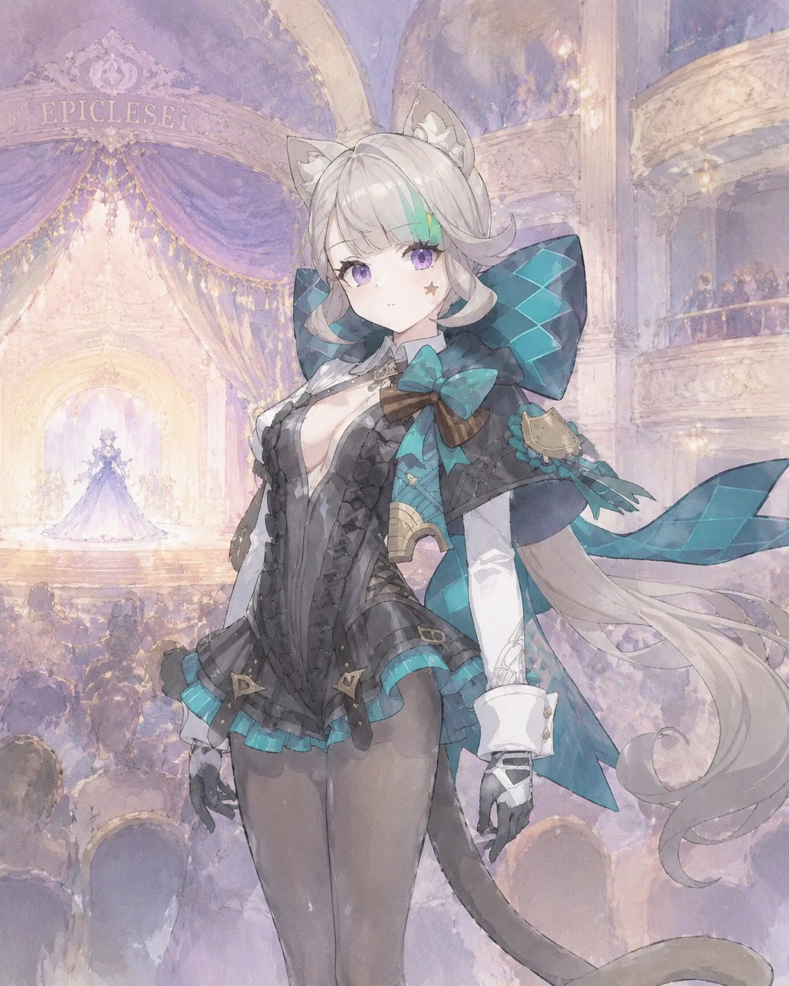 Standing stoically in a standby mode At the grand Opera House Epiclese during a performance (soft watercolor anime style, pastel tones)