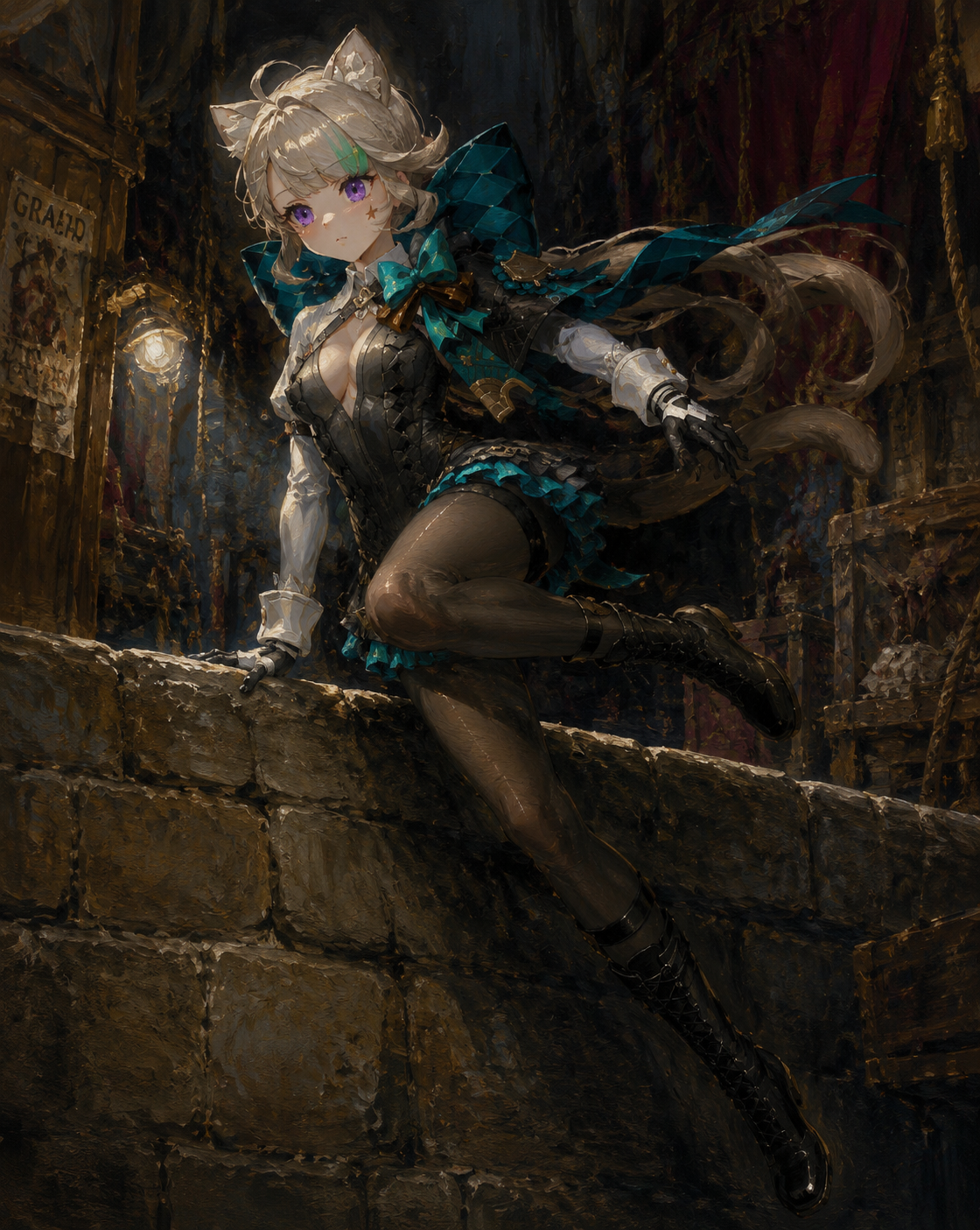 Vaulting over a tall stone wall In the cluttered, dimly lit theater backstage area (detailed oil painting, heavy brushstrokes and rich colors)