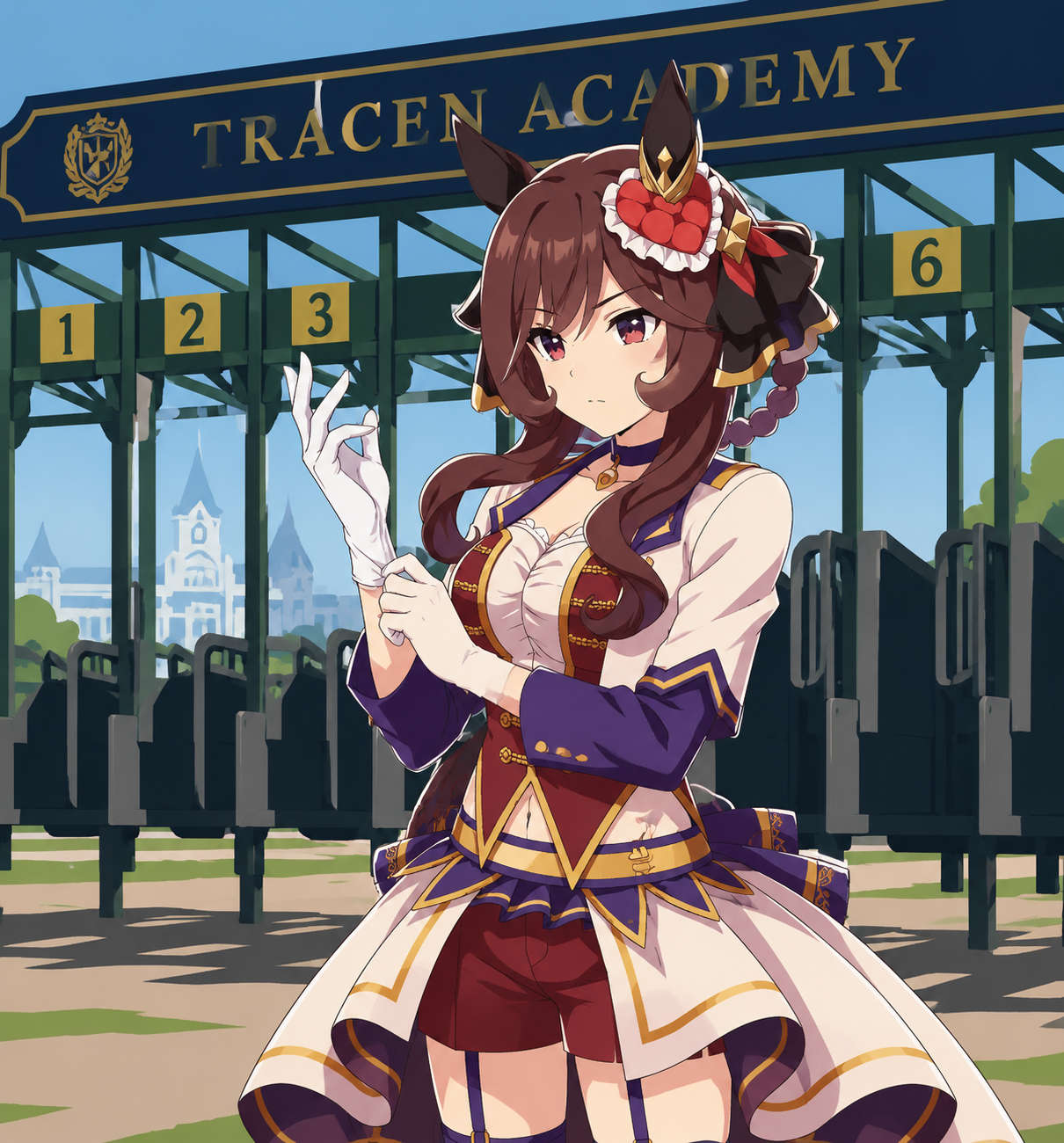 Adjusting her silk gloves with cold precision At the Tracen Academy starting gates (sharp vector art, minimalist flat design)