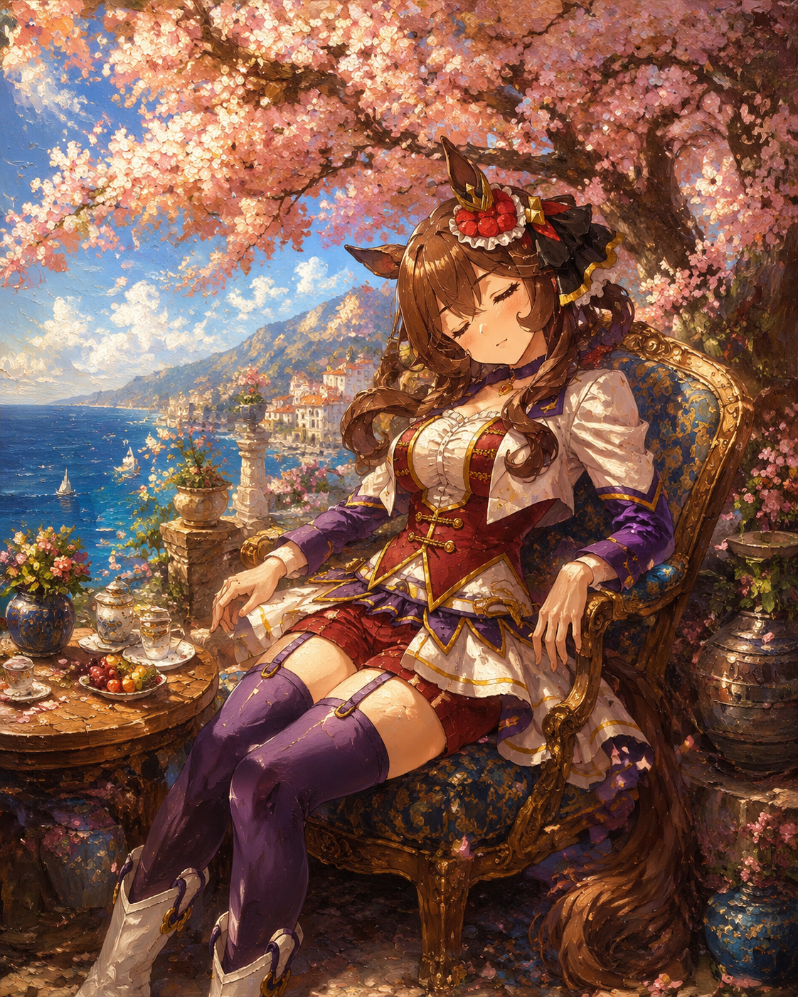 Dozing off under a blooming cherry tree At a rustic seaside resort terrace (luxurious oil painting, ornate textures)