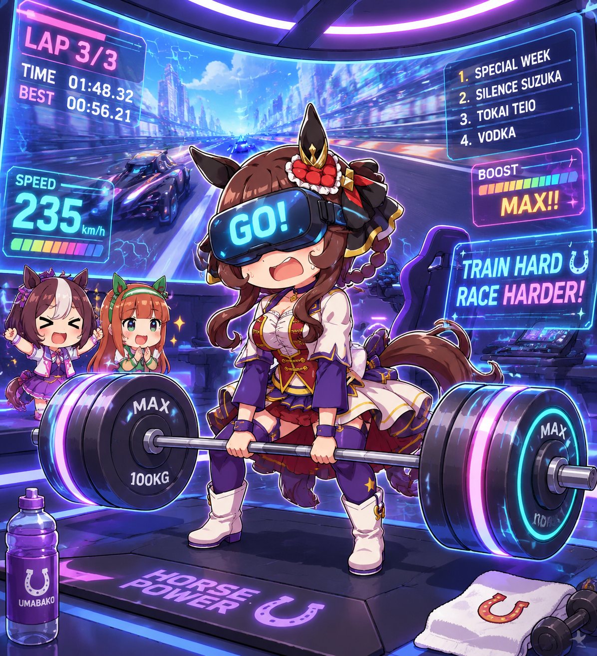 Performing a rigorous deadlift session In a futuristic VR racing simulator (chibi style, bright bubbly colors)
