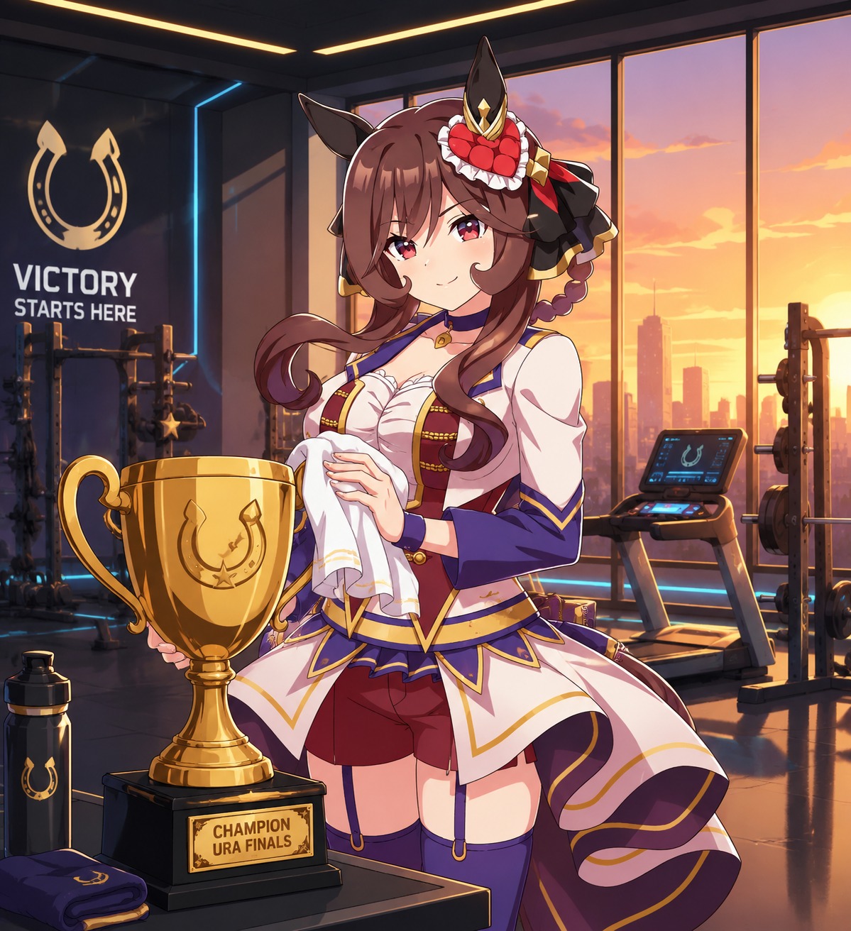 Polishing a golden championship trophy In a high-tech gym during sunset (sharp vector art, minimalist flat design)