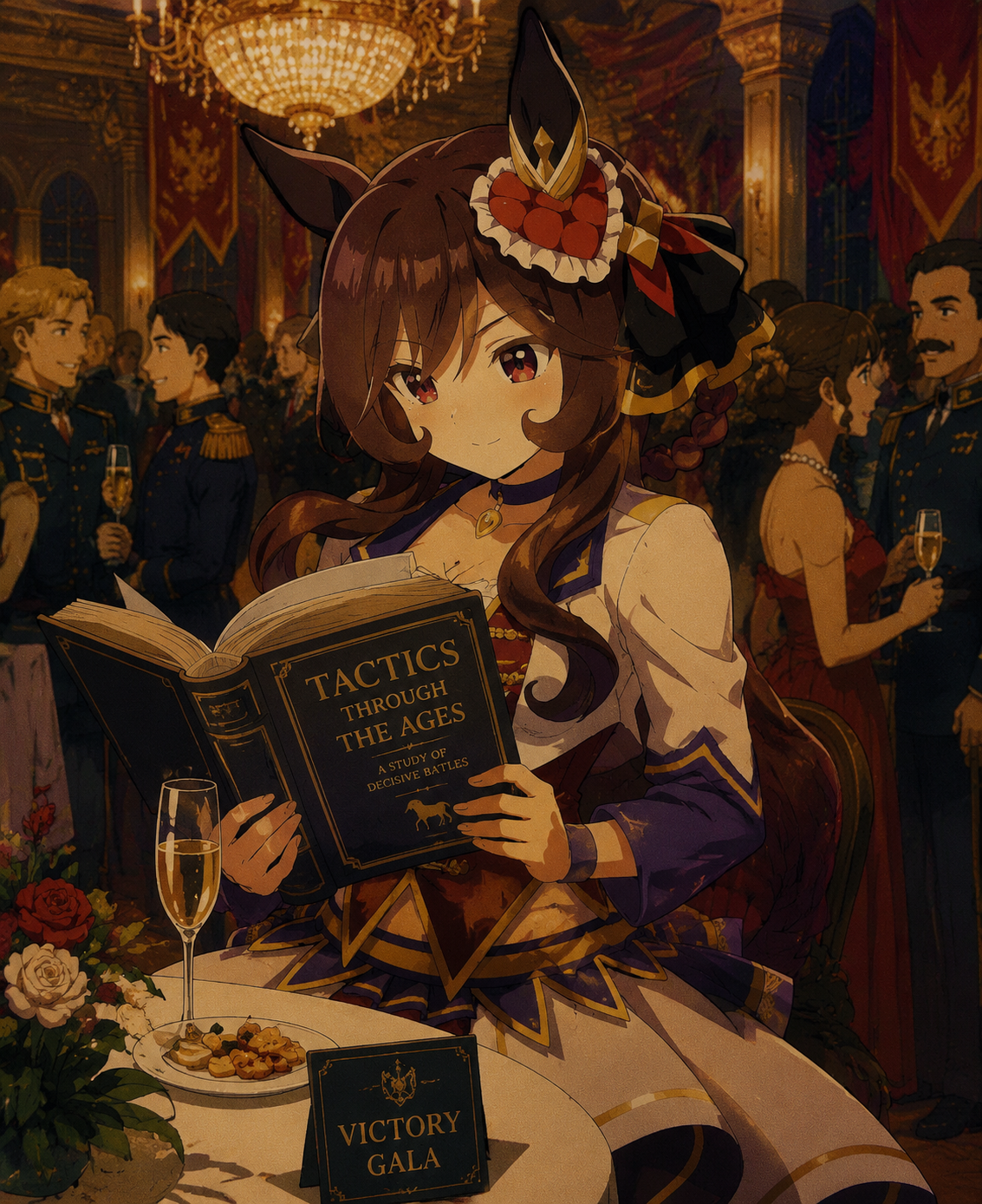Reading a thick book on tactical history At a crowded victory gala ballroom (90s retro cel-shaded aesthetic)