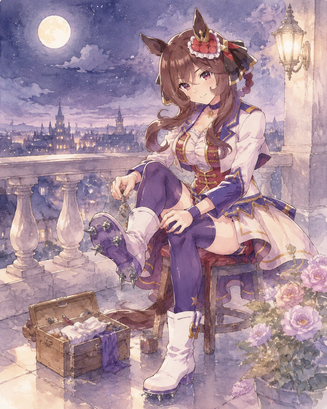 Sharpening the spikes on her racing shoes On a moonlit balcony overlooking the city (delicate watercolor, soft pastel palette)