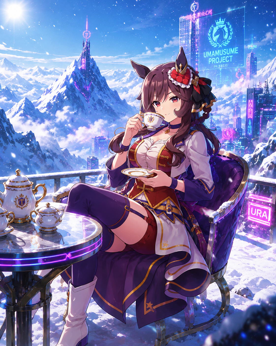 Sipping expensive tea from a porcelain cup On a snowy mountain peak at noon (cyberpunk neon, glowing atmospheric effects)