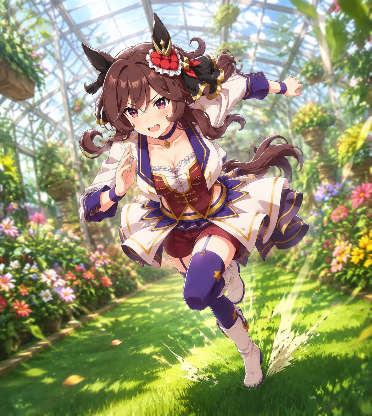 Sprinting at maximum velocity across the turf In a lush botanical garden greenhouse (high-fidelity anime, vibrant studio lighting)