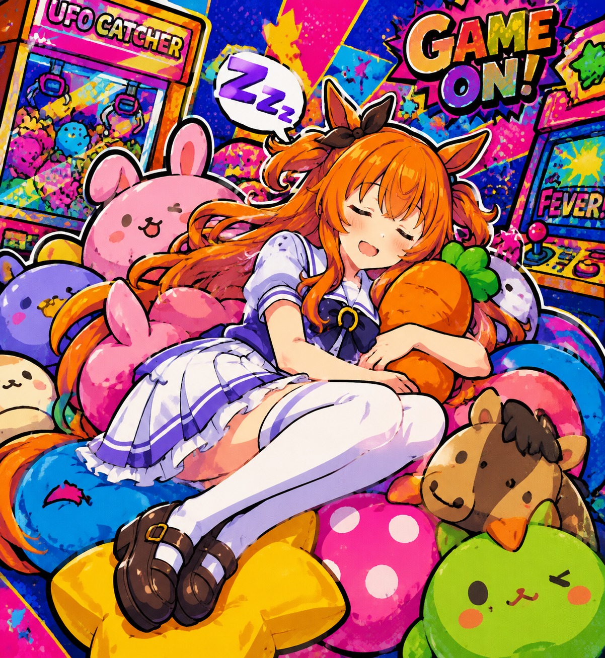 Napping on a pile of plush pillows At a loud and colorful arcade (bold pop art style, thick outlines)