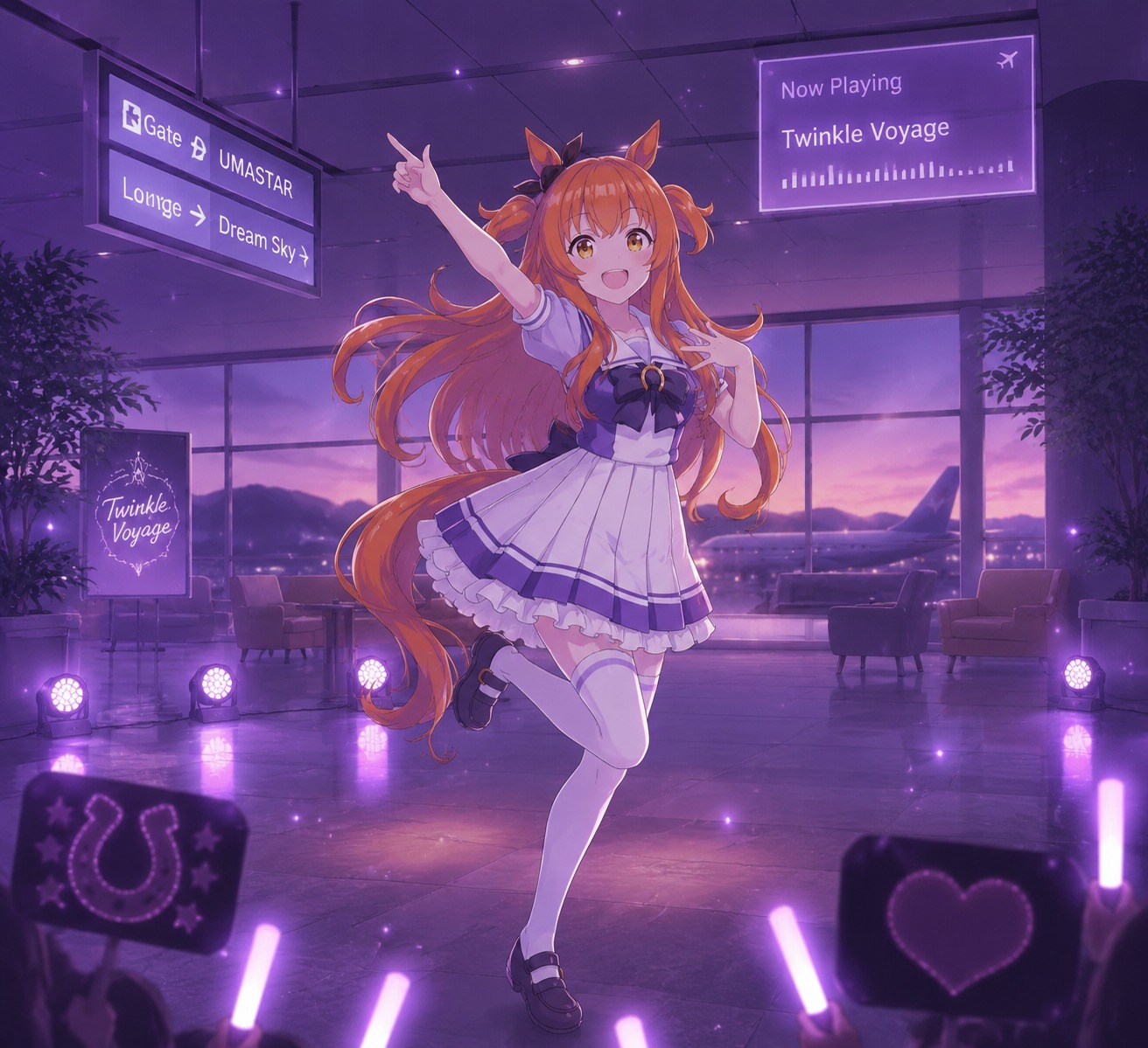 Performing a flashy stage dance for fans In a sleek modern airport lounge (dreamy lofi aesthetic, muted purple tones)
