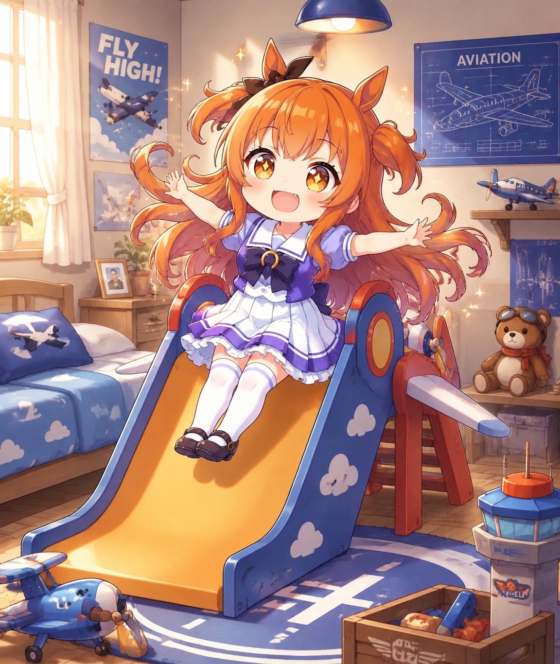 Practicing take-offs on a playground slide In a cozy aviation-themed bedroom (adorable chibi style, sparkling eyes)