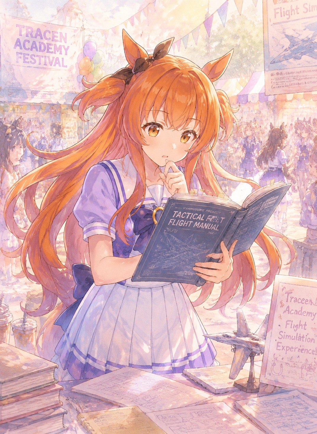 Studying a complex tactical flight manual At the bustling Tracen Academy festival stalls (soft pastel watercolor, ethereal lighting)