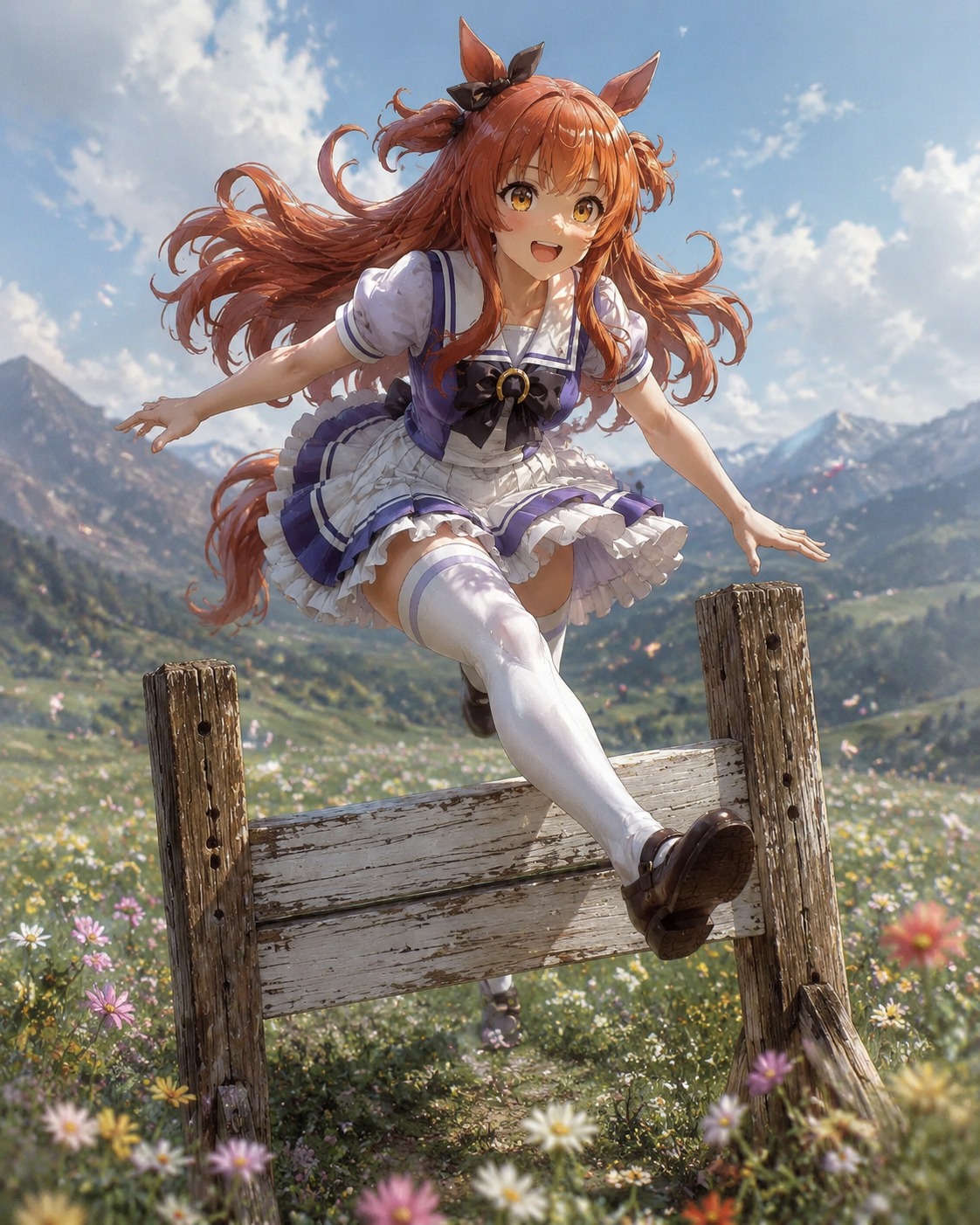 Vaulting over a wooden training hurdle At a flower-filled meadow during springtime (realistic concept art, weathered textures)
