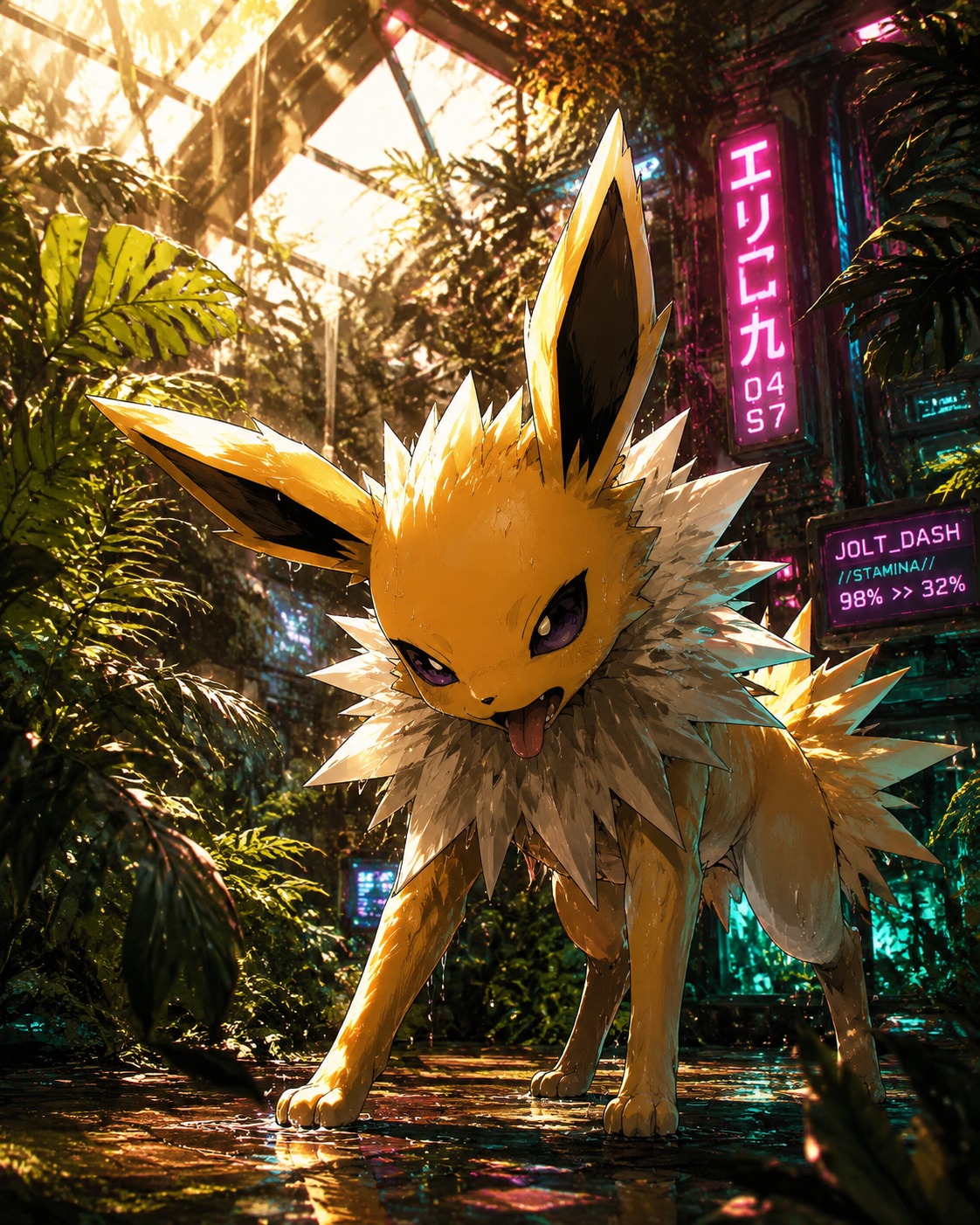 Panting heavily after a high-speed dash In a sun-drenched greenhouse surrounded by tropical ferns (gritty cyberpunk digital art, neon lighting)