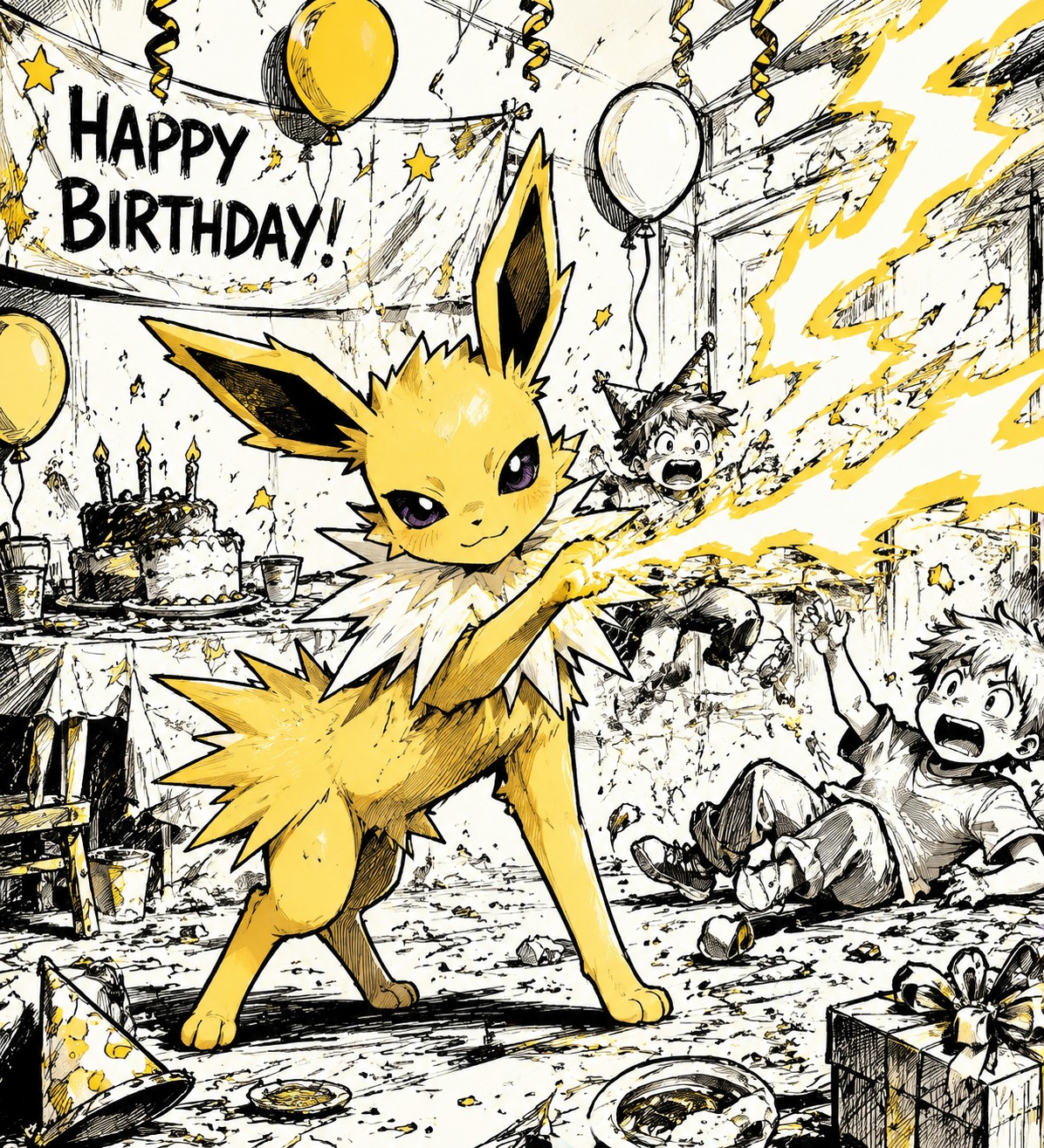 Unleashing a jagged bolt of lightning At a messy child's birthday party with balloons (sharp ink sketch with vibrant yellow accents)